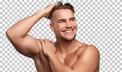 Buy stock photo Happy, fitness and portrait of man on transparent background for health, muscle and workout. Exercise, wellness and strong with face of person isolated on png for body, athlete and happiness