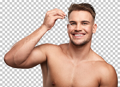 Buy stock photo Man, oil serum and smile in portrait with skincare, beauty and moisturizer isolated on png transparent background. Happy male model, hyaluronic acid and vitamin c, cosmetics and antiaging treatment