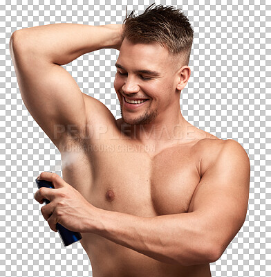 Buy stock photo Happy man, deodorant and armpit spray for hygiene isolated on a transparent PNG background. Muscular male person or model smiling for clean grooming, smell or spraying fragrance perfume or cosmetics