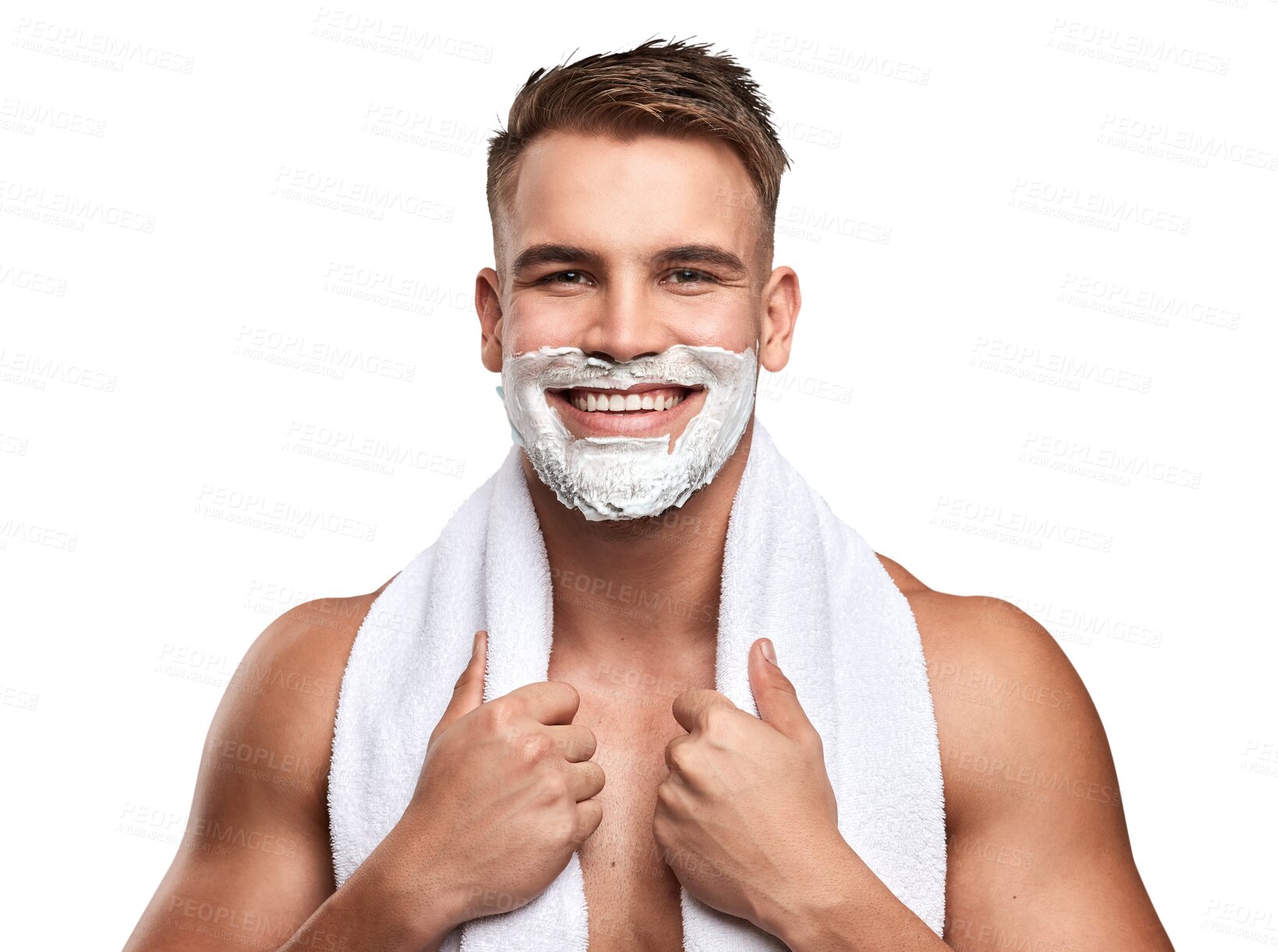 Buy stock photo Man, face and shaving cream in portrait with grooming, beauty and hair removal isolated on transparent png background. Skincare, cosmetics and male model with towel, foam with hygiene and facial