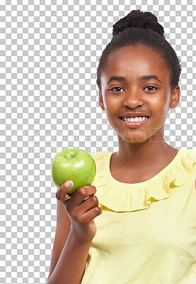 Buy stock photo Teen girl, apple and healthy eating portrait isolated on a transparent, png background. Black child or happy teenager with fruit food for health, wellness or diet nutrition for development and growth