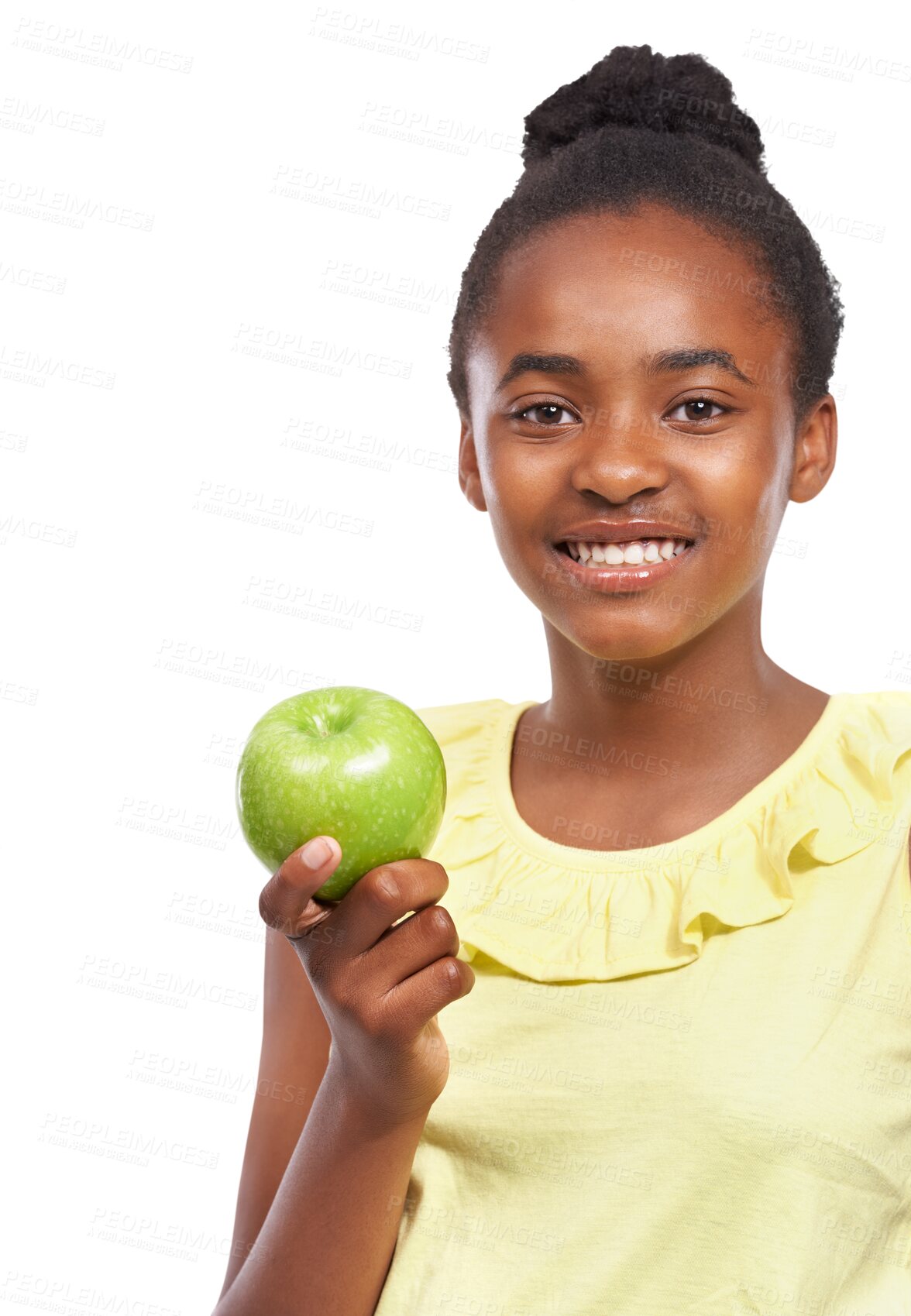 Buy stock photo Teen girl, apple and healthy eating portrait isolated on a transparent, png background. Black child or happy teenager with fruit food for health, wellness or diet nutrition for development and growth