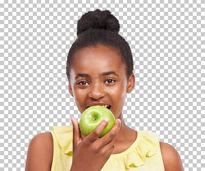 Buy stock photo Apple, bite and portrait of teen girl isolated on a transparent, png background. Black child or happy teenager with fruit or healthy food for health, wellness or nutrition for development and growth