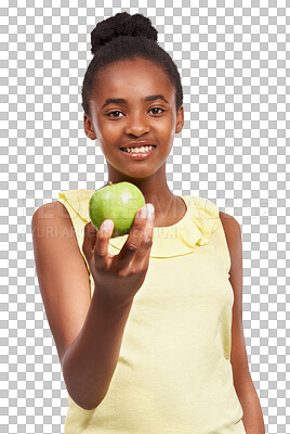 Buy stock photo Healthy food, teen girl and apple in hand, isolated on transparent, png background. Black child or happy teenager portrait with fruit for health, wellness or diet nutrition for development or growth