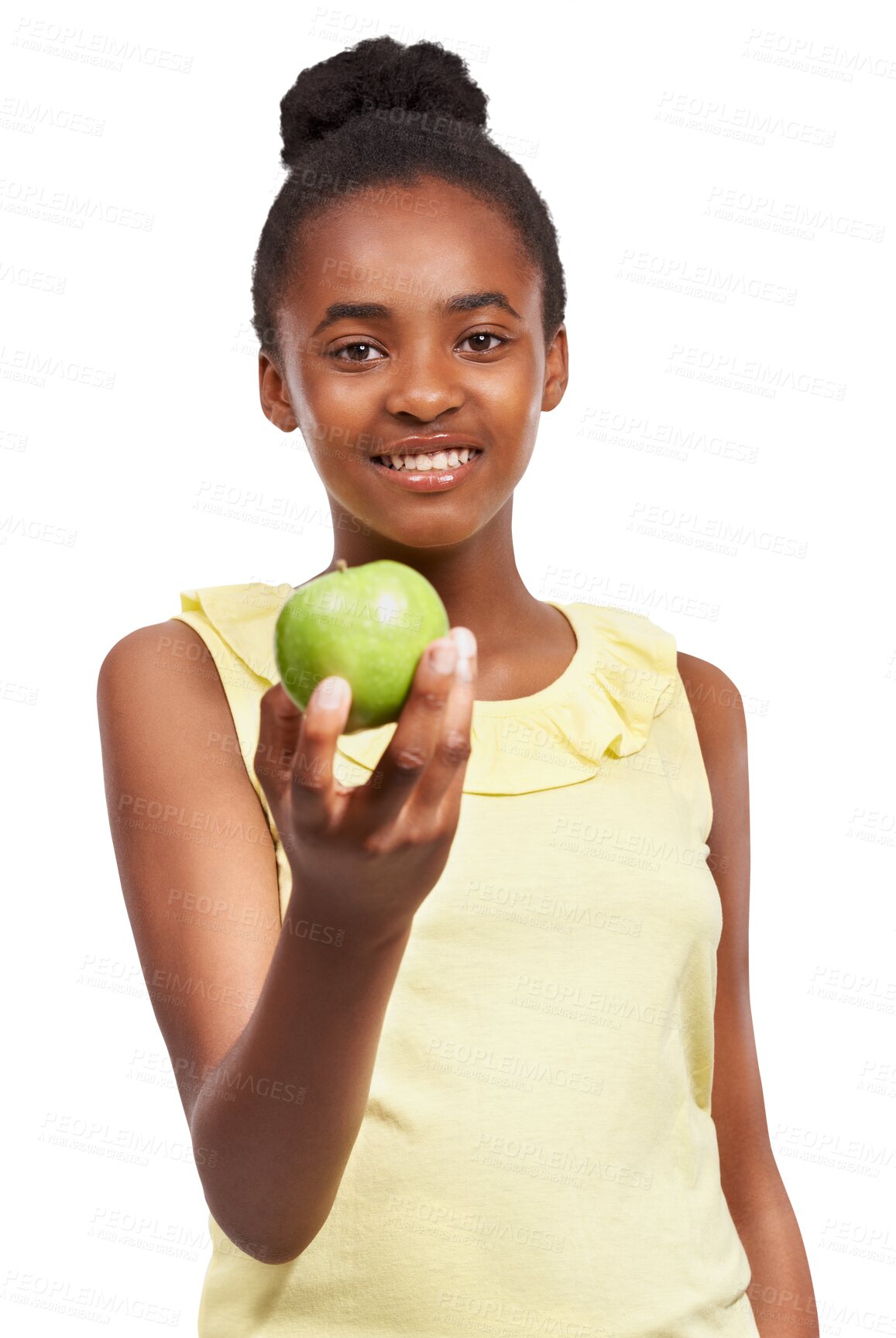 Buy stock photo Healthy food, teen girl and apple in hand, isolated on transparent, png background. Black child or happy teenager portrait with fruit for health, wellness or diet nutrition for development or growth