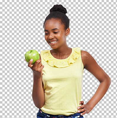 Buy stock photo Teen girl, apple and thinking of healthy eating isolated on a transparent, png background. Black child or happy teenager with fruit for health, wellness or diet nutrition for development and growth