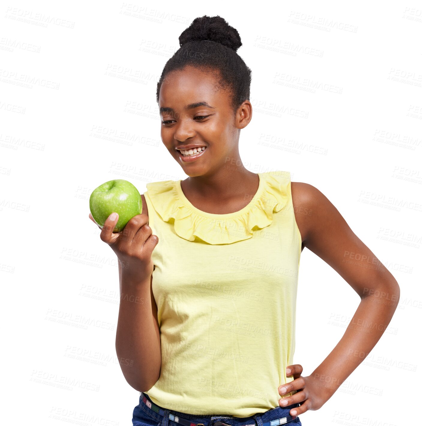 Buy stock photo Teen girl, apple and thinking of healthy eating isolated on a transparent, png background. Black child or happy teenager with fruit for health, wellness or diet nutrition for development and growth