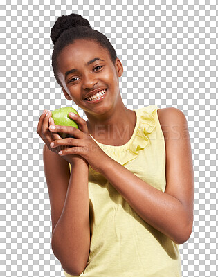 Buy stock photo Teen girl, happy and apple or healthy food isolated on a transparent, png background. Black child or teenager portrait with fruit for health, wellness or nutrition for development, eating and growth