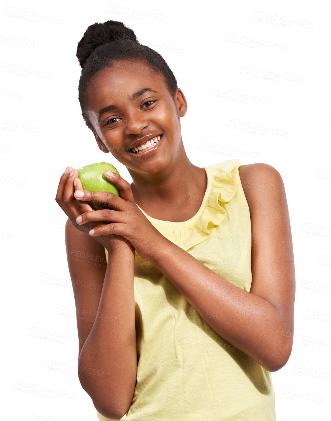 Buy stock photo Teen girl, happy and apple or healthy food isolated on a transparent, png background. Black child or teenager portrait with fruit for health, wellness or nutrition for development, eating and growth