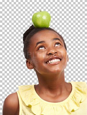 Buy stock photo Teen girl, healthy food and apple on head isolated on a transparent, png background. Black child or happy teenager with fruit for health, wellness or diet nutrition for development, balance or growth