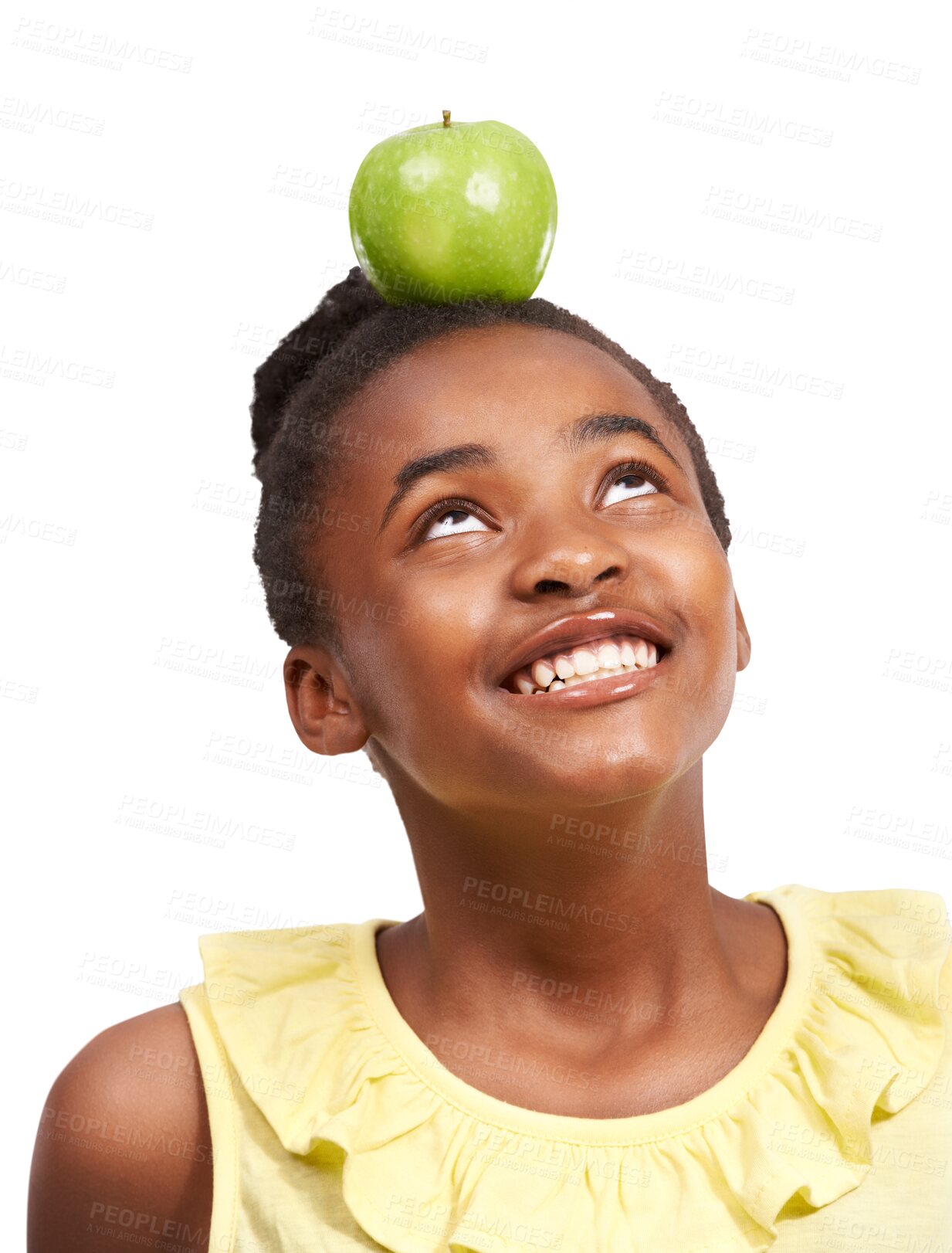 Buy stock photo Teen girl, healthy food and apple on head isolated on a transparent, png background. Black child or happy teenager with fruit for health, wellness or diet nutrition for development, balance or growth