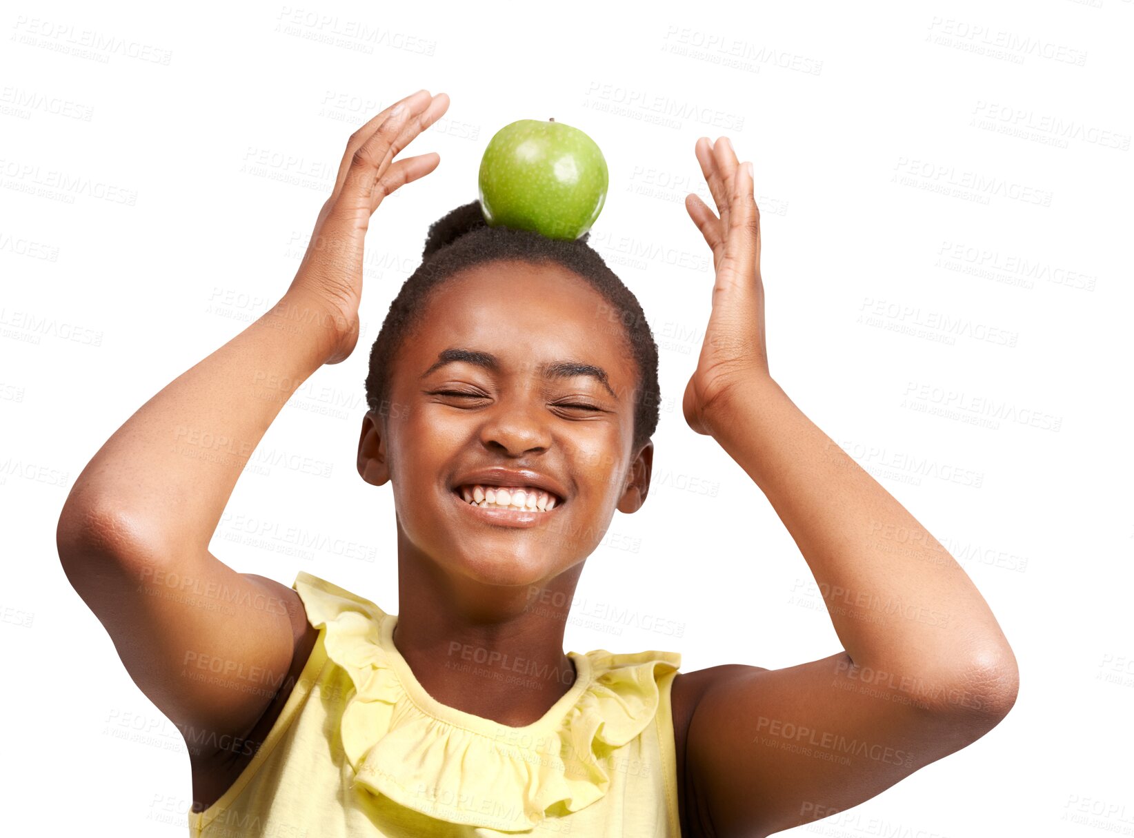 Buy stock photo Happy black girl, smile and apple on head for natural nutrition isolated on a transparent PNG background. African female child, kid or teen smiling with fruit for balance, diet or healthy wellness