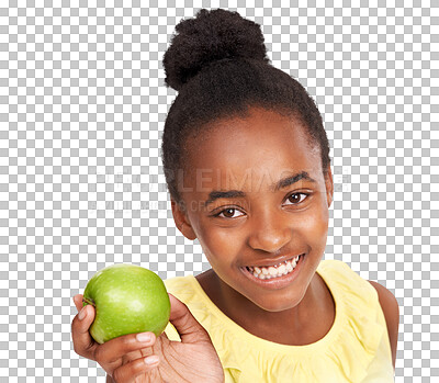 Buy stock photo Happy black girl, portrait and apple for nutrition isolated on a transparent PNG background. African female child, kid or teen smile with natural organic fruit or food for healthy diet or wellness