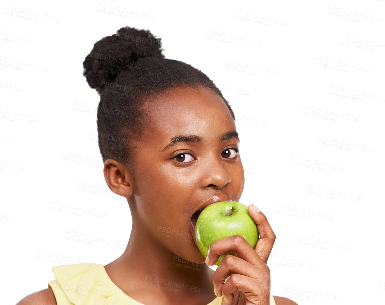 Buy stock photo Apple, face and portrait of black girl eating healthy food isolated on a transparent PNG background. African female child, kid or teen biting organic fruit for health diet, fiber or natural nutrition