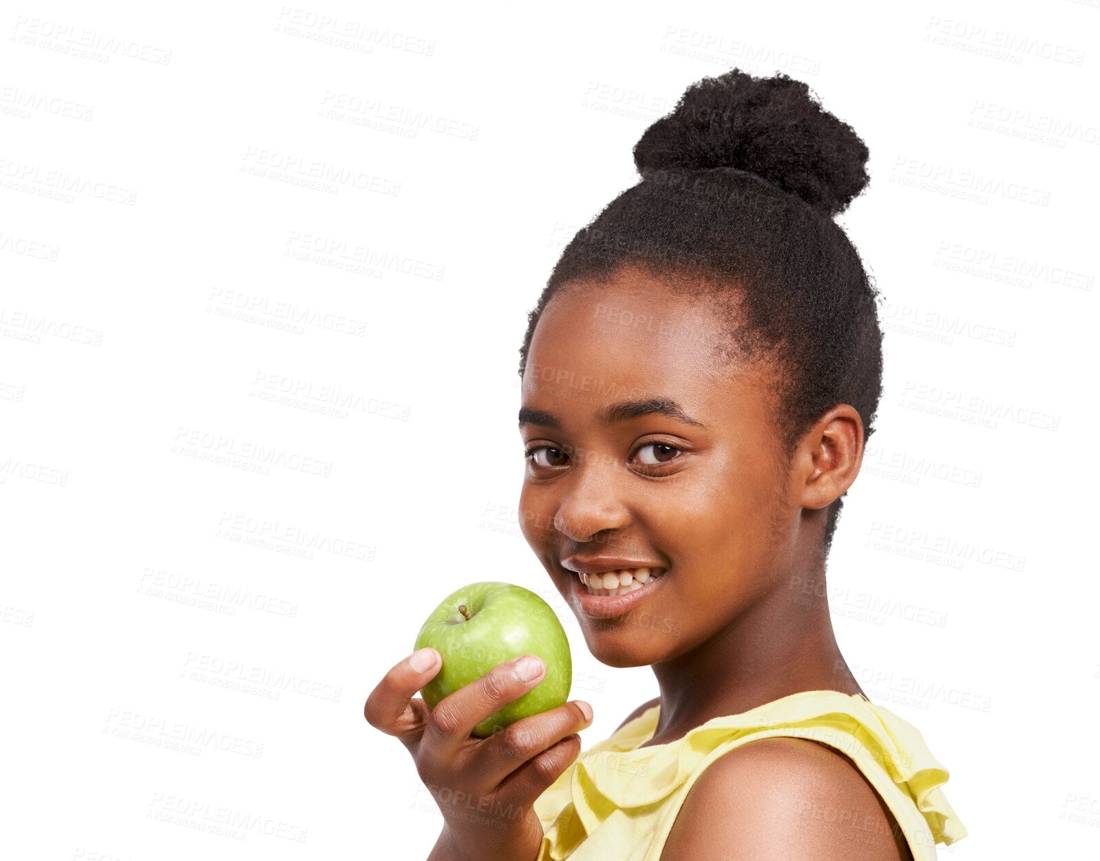 Buy stock photo Happy black girl, portrait smile and apple for natural nutrition isolated on a transparent PNG background. African female child, kid or teen smiling with organic fruit for healthy diet or wellness