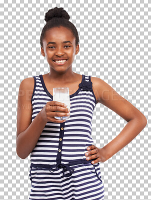 Buy stock photo Happy black girl, portrait and glass milk for calcium or protein isolated on a transparent PNG background. African female teen smile with natural organic dairy drink for vitamin A, fiber or potassium