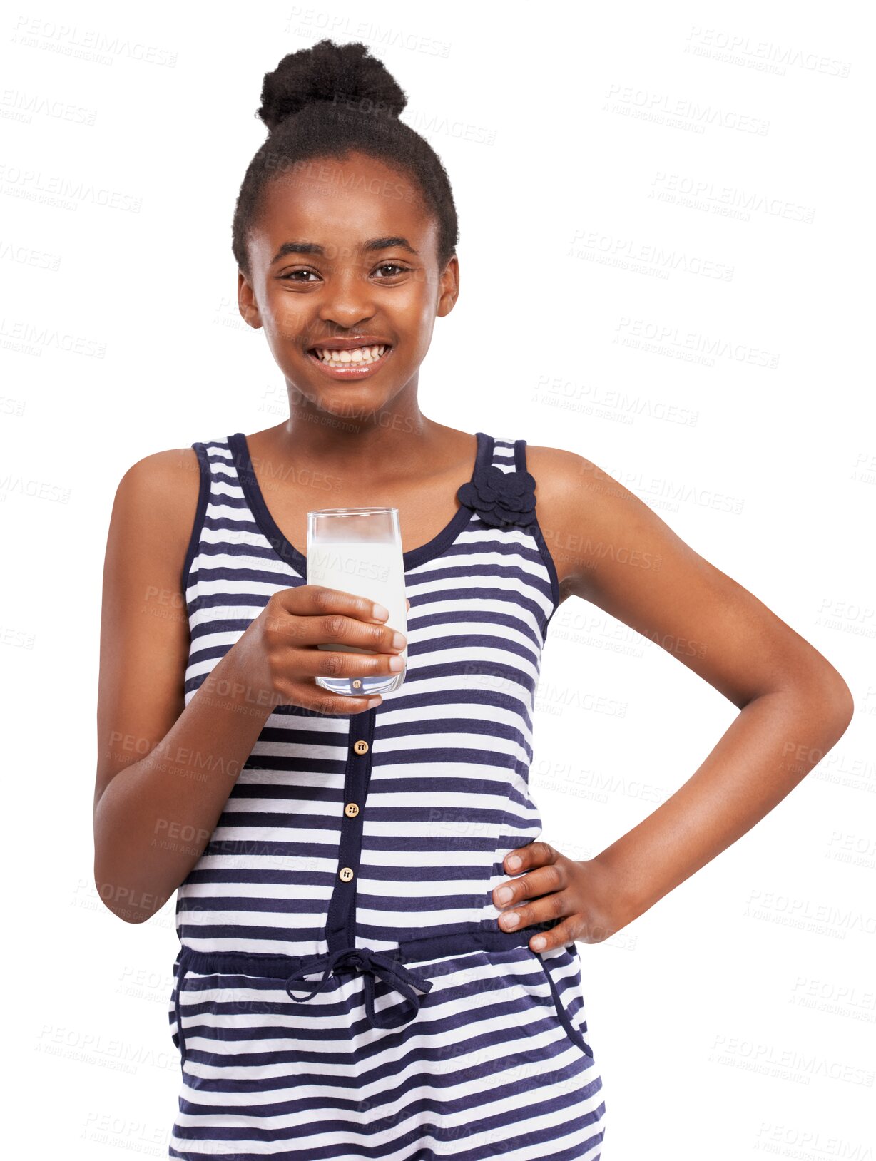 Buy stock photo Happy black girl, portrait and glass milk for calcium or protein isolated on a transparent PNG background. African female teen smile with natural organic dairy drink for vitamin A, fiber or potassium