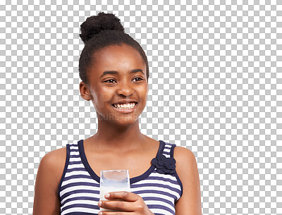 Buy stock photo Happy, girl and drink a glass of milk, protein or calcium for nutrition on transparent, isolated or png background. Kid, teenager and healthy drinking option for vitamin d, energy and natural benefit