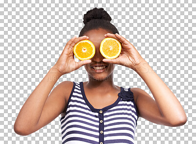 Buy stock photo Black girl, smile and orange for vitamin C nutrition standing isolated on a transparent PNG background. African female teenager with natural organic citrus fruit on eyes for healthy diet or wellness