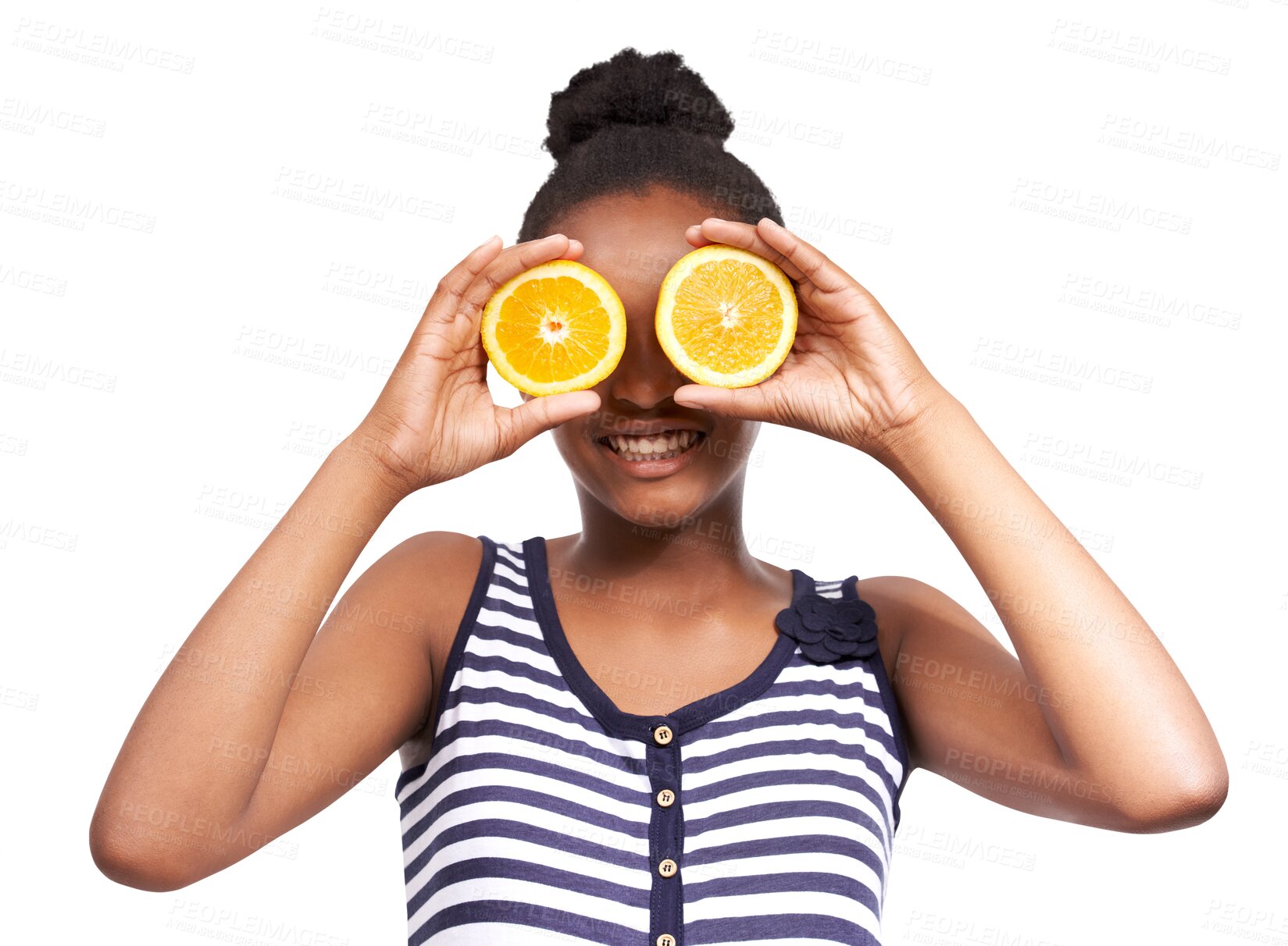 Buy stock photo Black girl, smile and orange for vitamin C nutrition standing isolated on a transparent PNG background. African female teenager with natural organic citrus fruit on eyes for healthy diet or wellness