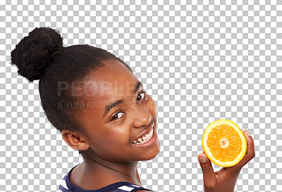 Buy stock photo Portrait, fruit and black girl with a smile, orange and model isolated against a transparent background. Face, female child and young person with happiness, juicy and citrus with png or healthy snack