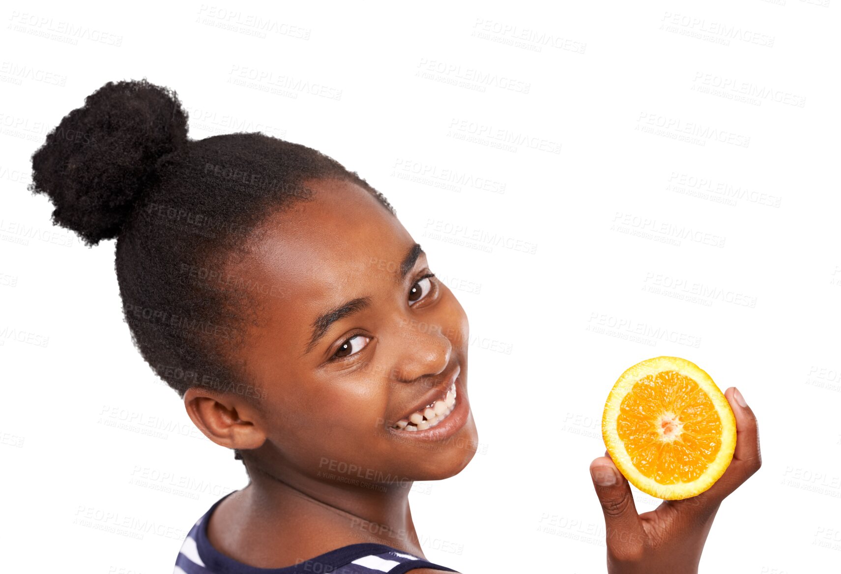 Buy stock photo Portrait, fruit and black girl with a smile, orange and model isolated against a transparent background. Face, female child and young person with happiness, juicy and citrus with png or healthy snack