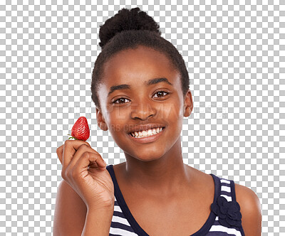 Buy stock photo Happy, portrait or teen girl with strawberry or healthy diet isolated on transparent png background. African child, smile or teenager eating fruit for wellness or nutrition for development or growth