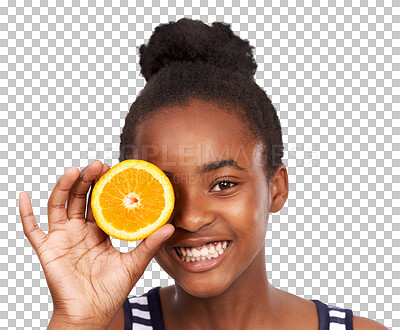 Buy stock photo Teen, fruit and girl in portrait or orange eyes, happy png or isolated or transparent background. Funny, diet and African teenager with smile or citrus eye for healthy food with kid and vitamin c