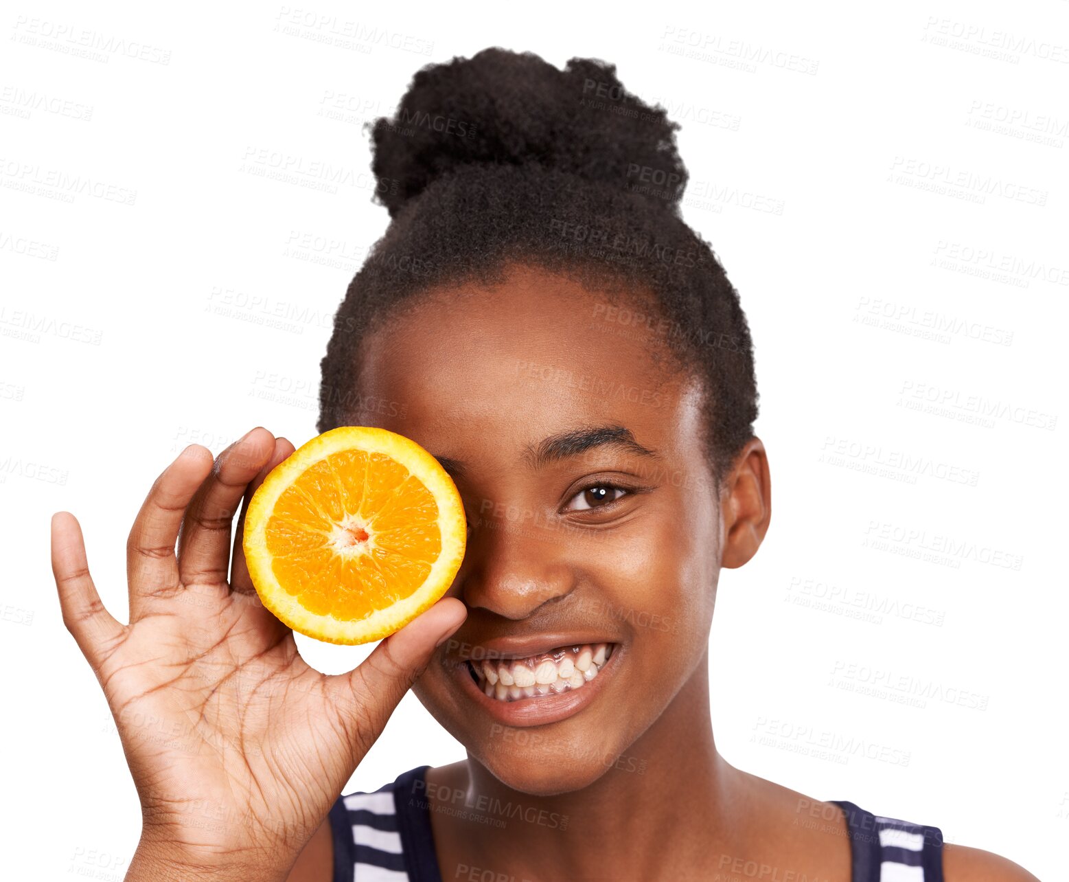 Buy stock photo Teen, fruit and girl in portrait or orange eyes, happy png or isolated or transparent background. Funny, diet and African teenager with smile or citrus eye for healthy food with kid and vitamin c