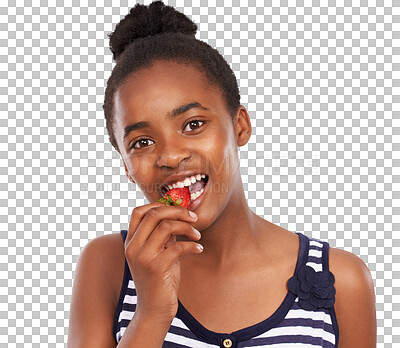 Buy stock photo Bite, portrait or teen girl with strawberry or healthy diet isolated on transparent png background. African child, smile or teenager eating fruit for wellness or nutrition for development or growth