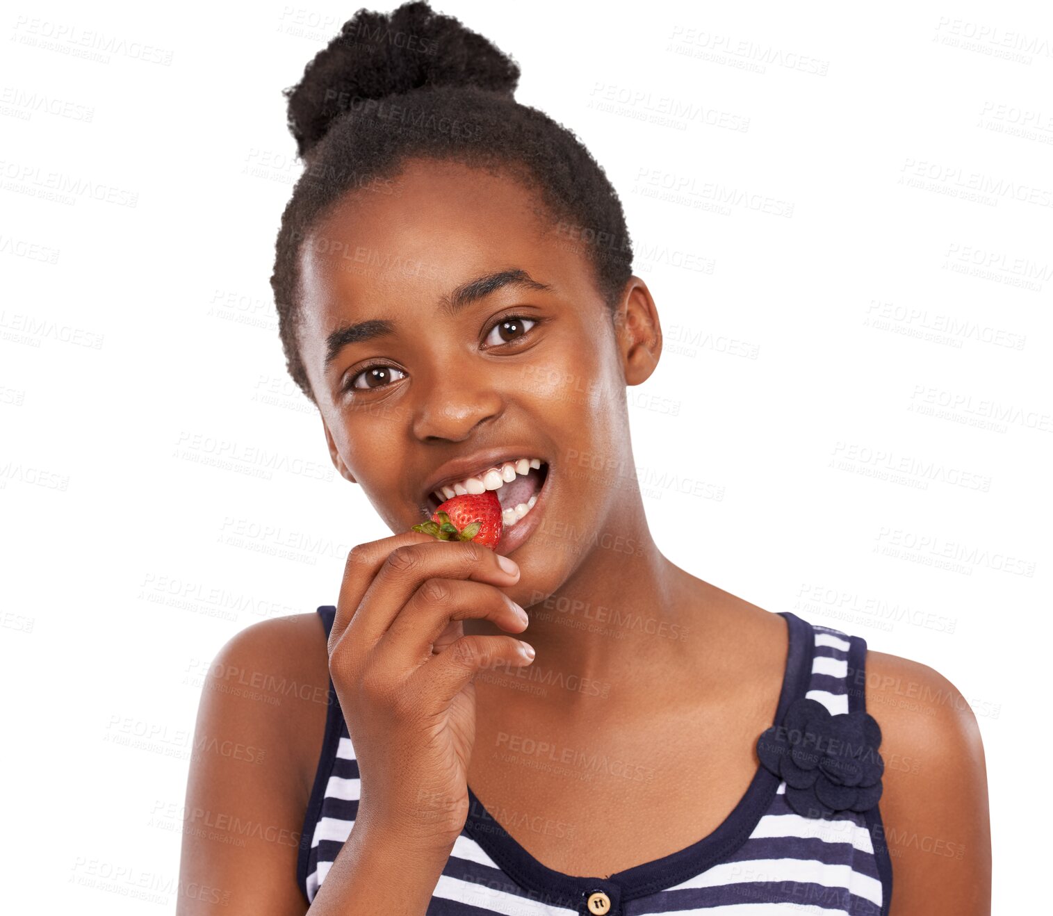 Buy stock photo Bite, portrait or teen girl with strawberry or healthy diet isolated on transparent png background. African child, smile or teenager eating fruit for wellness or nutrition for development or growth