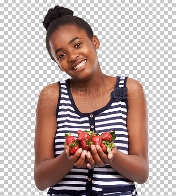 Buy stock photo Strawberry, happy and portrait of a girl with fruit for nutrition, diet or health. Smile, vegan or an African child or teenager with healthy food for breakfast isolated on transparent png background