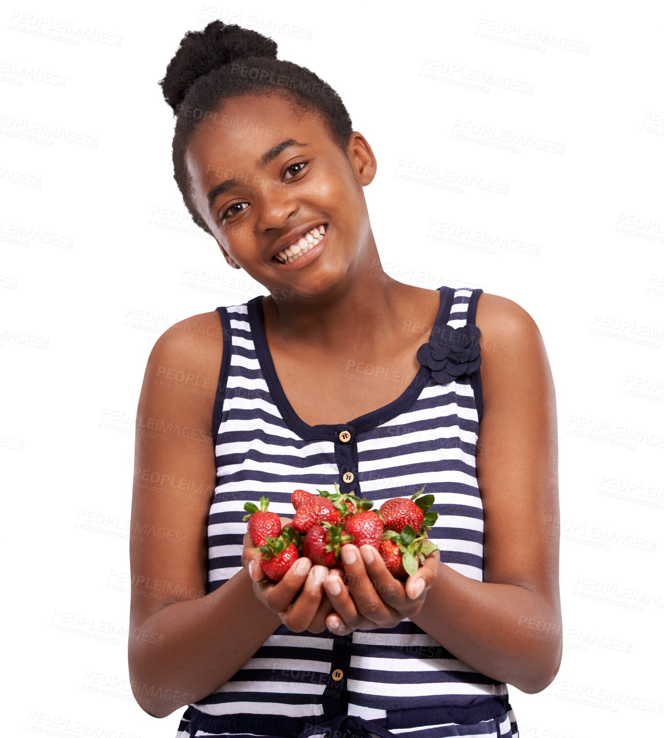 Buy stock photo Strawberry, happy and portrait of a girl with fruit for nutrition, diet or health. Smile, vegan or an African child or teenager with healthy food for breakfast isolated on transparent png background