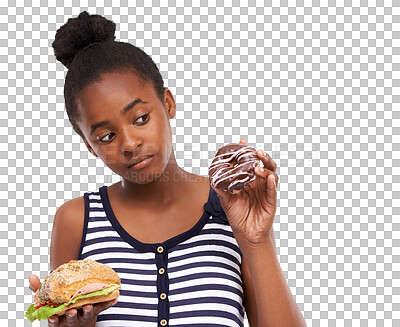 Buy stock photo Choice, health and a child with food doubt isolated on a transparent png background. Bad, thinking and an African girl with a sandwich or a donut and decision to be healthy while eating for diet