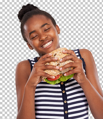 Buy stock photo Face, sandwich and organic with a black girl on a diet isolated on a transparent background for nutrition. Smile, bread and eyes closed with a young female person eating a healthy food snack on PNG