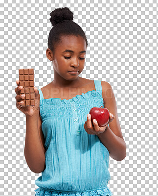 Buy stock photo Isolated african girl, apple and chocolate for choice, thinking and diet by transparent png background. Young female kid, fruit or candy with decision, doubt or nutrition for health, wellness or body