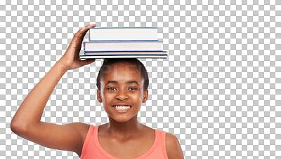 Buy stock photo Student, balance and portrait of a African teenager with books on her head isolated against a transparent png background. Education or learning, happy teen and young girl smile with textbooks.