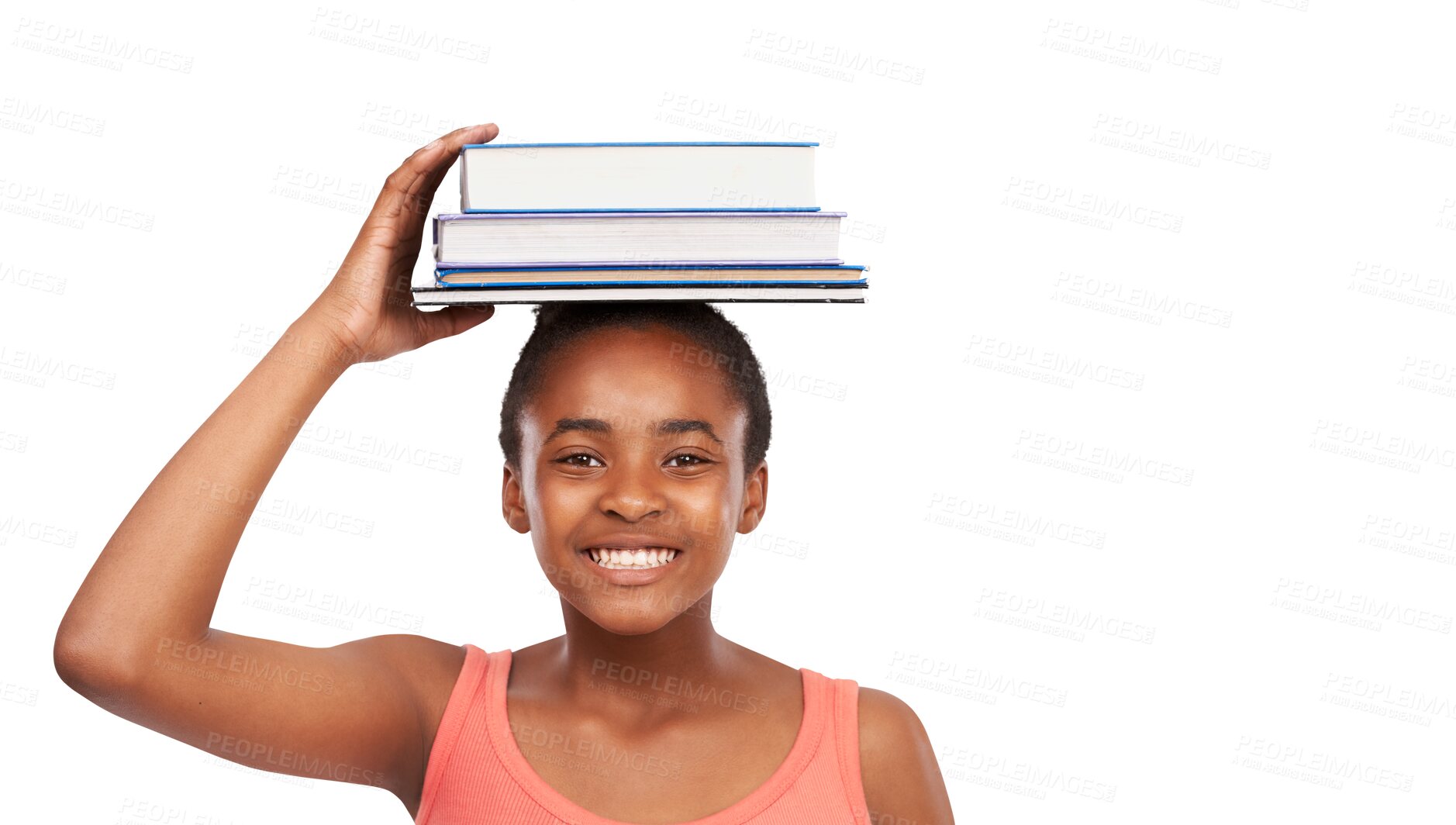 Buy stock photo Student, balance and portrait of a African teenager with books on her head isolated against a transparent png background. Education or learning, happy teen and young girl smile with textbooks.