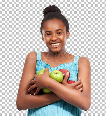 Buy stock photo Happy, portrait or teen girl with apples, nutrition or healthy diet isolated on transparent png background. African child, smile or excited teenager with fruits for wellness for development or growth