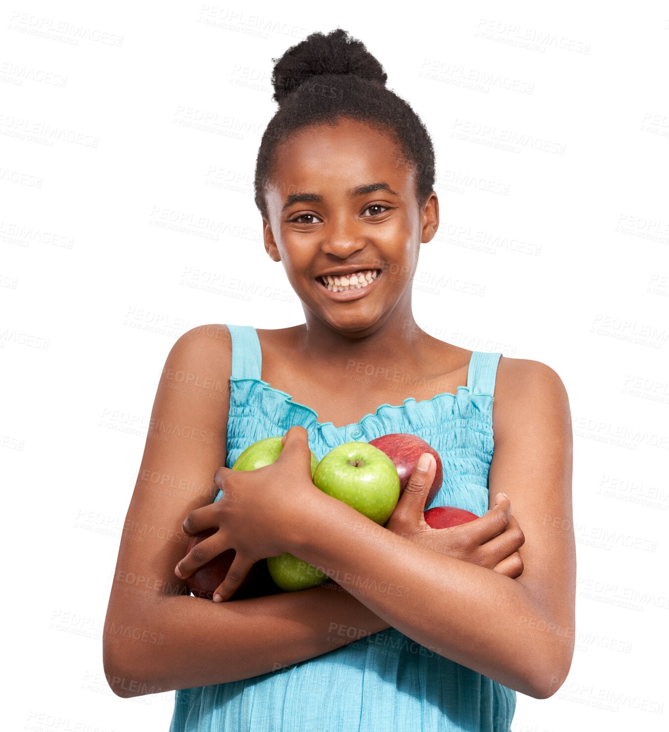 Buy stock photo Happy, portrait or teen girl with apples, nutrition or healthy diet isolated on transparent png background. African child, smile or excited teenager with fruits for wellness for development or growth