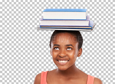 Buy stock photo Head, education or black girl with books, study or knowledge isolated against a transparent background. Female student, smile or young person with happiness, school or literature with png or learning