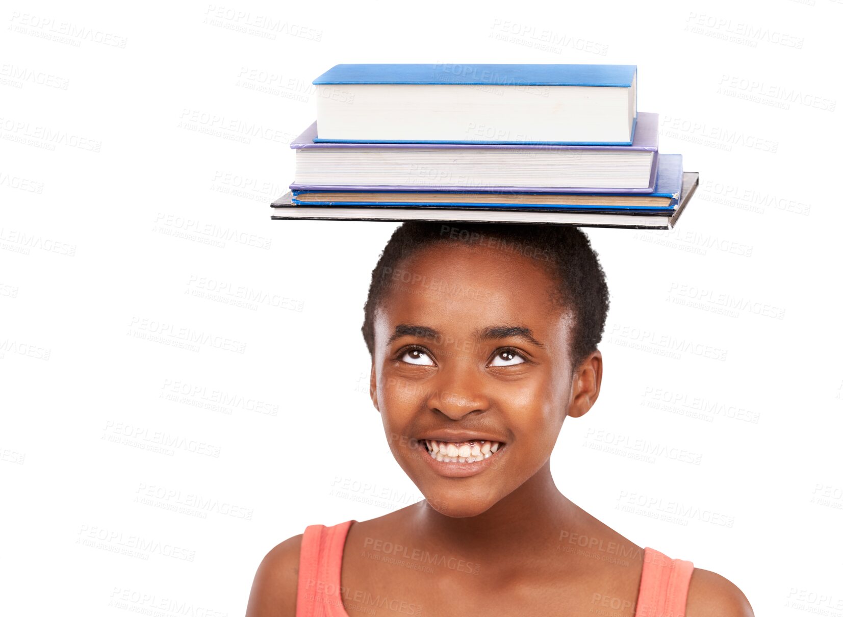 Buy stock photo Head, education or black girl with books, study or knowledge isolated against a transparent background. Female student, smile or young person with happiness, school or literature with png or learning