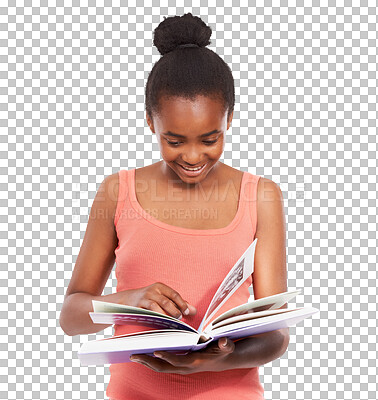 Buy stock photo Black girl, smile or student reading books with happiness isolated on png transparent background. School, education or happy African teenage pupil learning or studying notes for academy scholarship