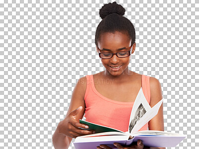 Buy stock photo Black girl, glasses or student reading book for knowledge isolated on png transparent background. Teenager, education or happy school pupil learning or studying textbook notes research in scholarship