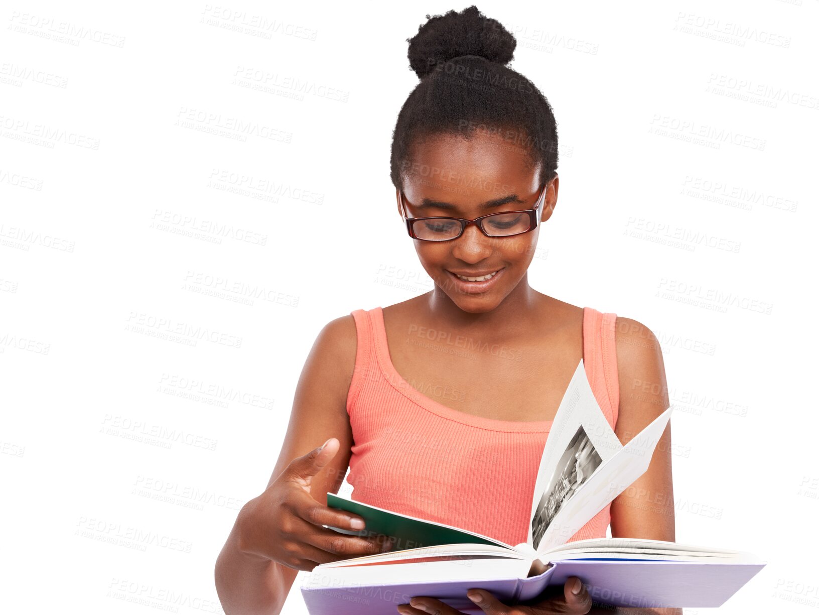 Buy stock photo Black girl, glasses or student reading book for knowledge isolated on png transparent background. Teenager, education or happy school pupil learning or studying textbook notes research in scholarship