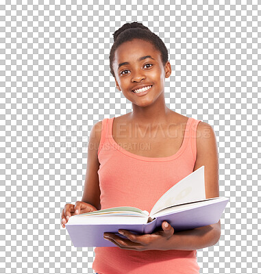 Buy stock photo Black girl, portrait or happy student reading notebook isolated on png transparent background. School, education or female teenage pupil learning, smiling or studying textbook for academy scholarship