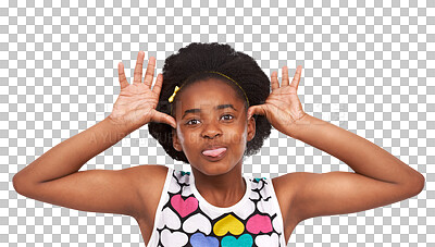 Buy stock photo Black girl, child teaser and tongue out in portrait with funny face isolated on transparent png background. Young female person mock with silly expression, hand gesture and joke, comic and playful