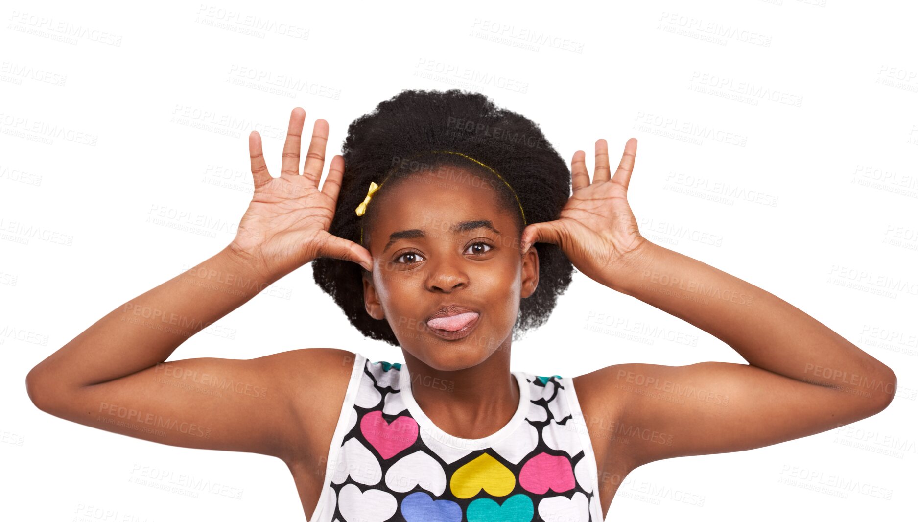 Buy stock photo Black girl, child teaser and tongue out in portrait with funny face isolated on transparent png background. Young female person mock with silly expression, hand gesture and joke, comic and playful