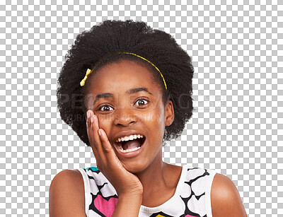 Buy stock photo Portrait, wow or surprised African girl with in shock after fake news, secret drama or crazy gossip story. Omg, shocked teenager or excited face of child amazed isolated on transparent png background