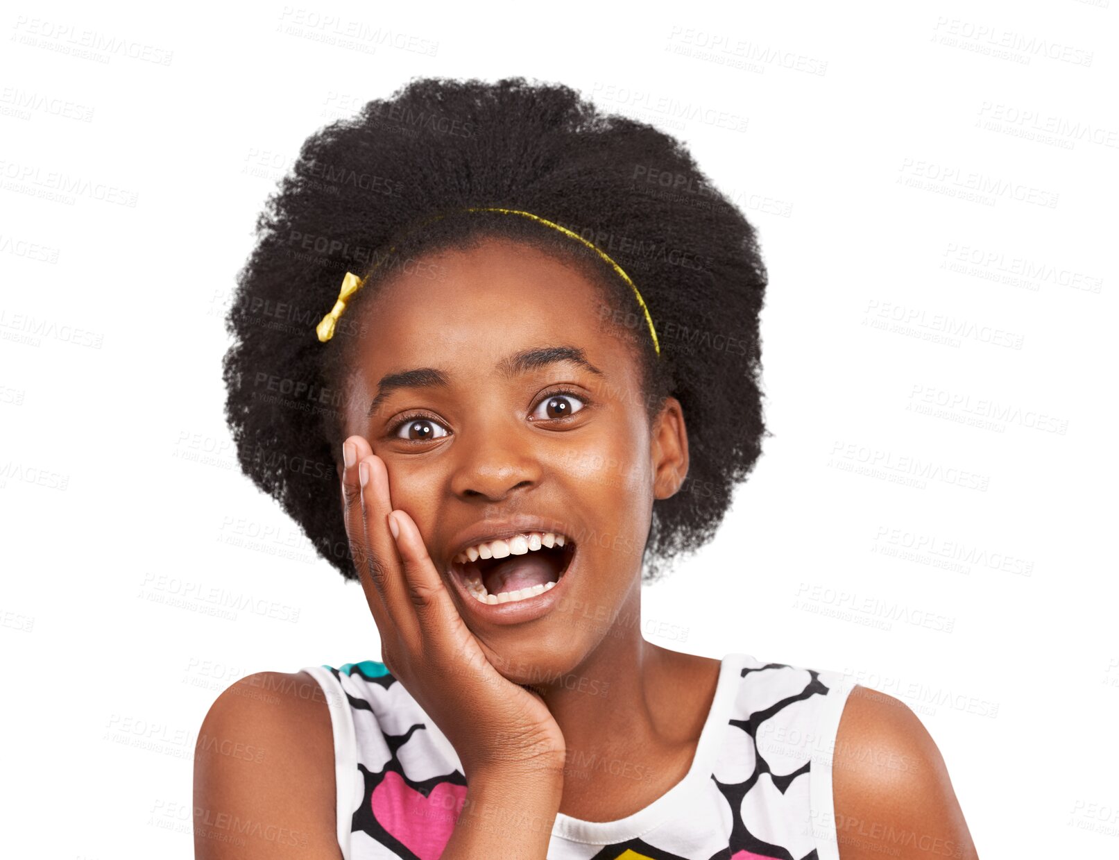 Buy stock photo Portrait, wow or surprised African girl with in shock after fake news, secret drama or crazy gossip story. Omg, shocked teenager or excited face of child amazed isolated on transparent png background